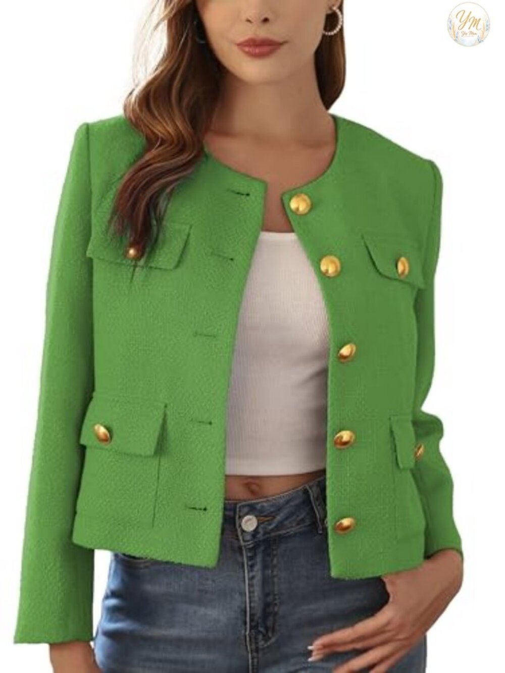 Cropped Tweed Blazer Women Suit Jacket Collarless Gold Buttons